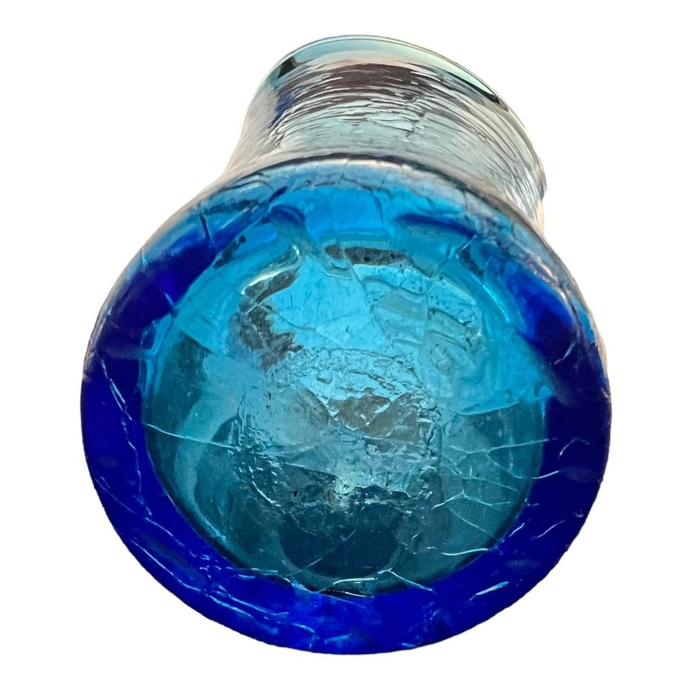 Art Glass Blue Crackled Glass Basket Vase Flower Pot With Handle Hand Blown 3.5" - Picture 10 of 10